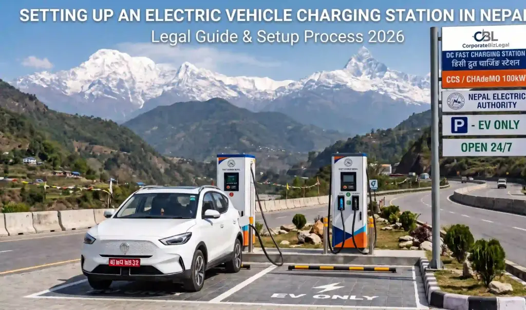 Modern EV fast charging station along a Nepal highway with DC chargers and Himalayan mountain backdrop
