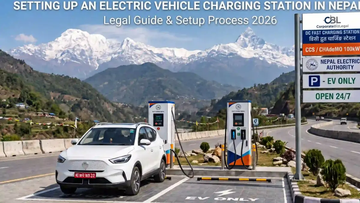 Modern EV fast charging station along a Nepal highway with DC chargers and Himalayan mountain backdrop