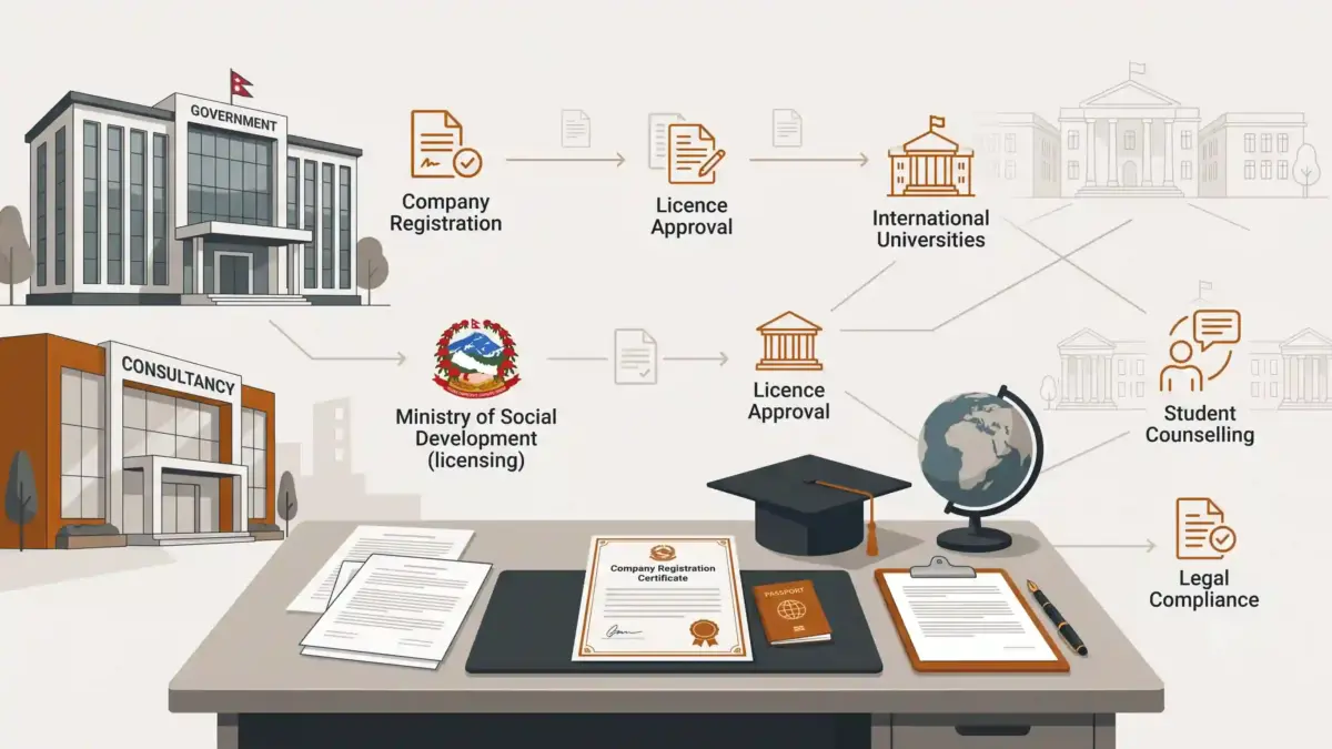 Educational Consultancy Registration in Nepal showing company registration documents, legal compliance workflow, education licensing, and Ministry approval process.