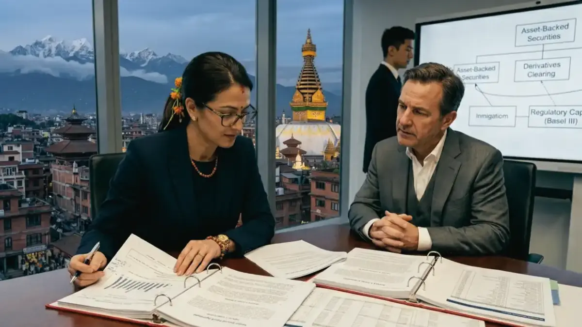 Lawyer reviewing banking and finance documents with business client