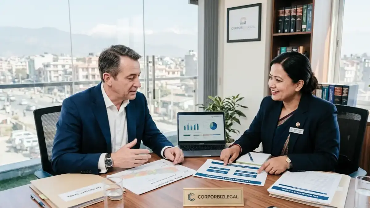Foreign investor discussing company entry strategy with lawyer in Nepal