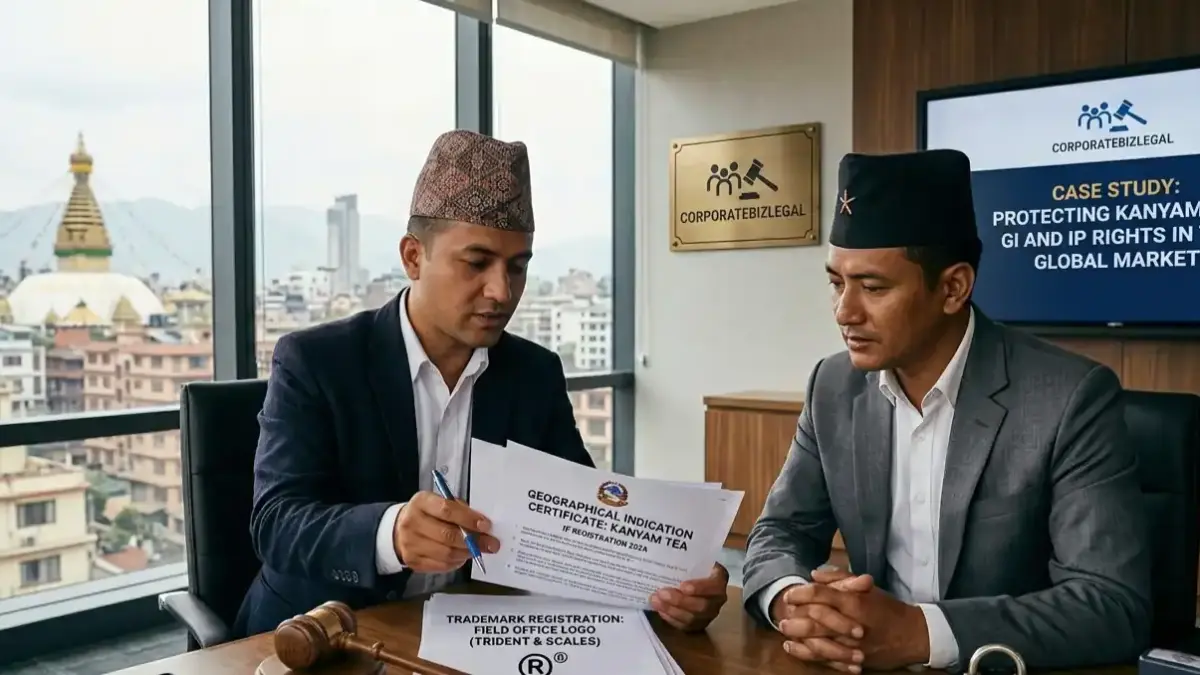 Lawyer advising client on trademark protection and intellectual property rights