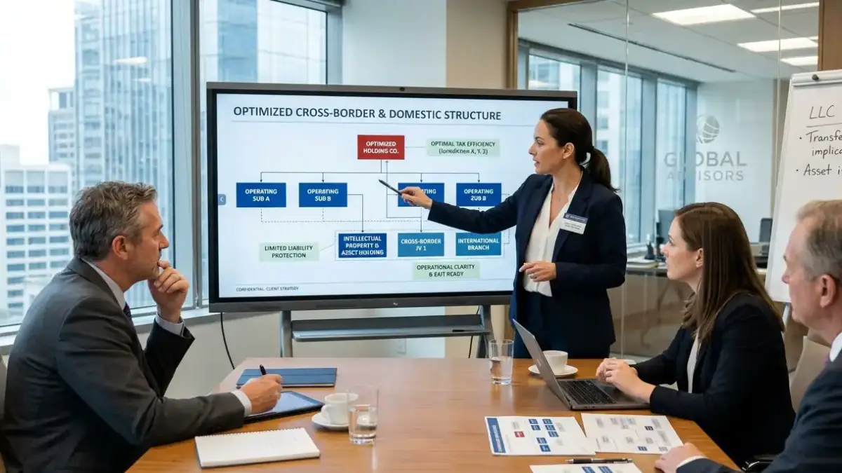 Legal consultant presenting business structure diagram to clients in a modern corporate advisory office