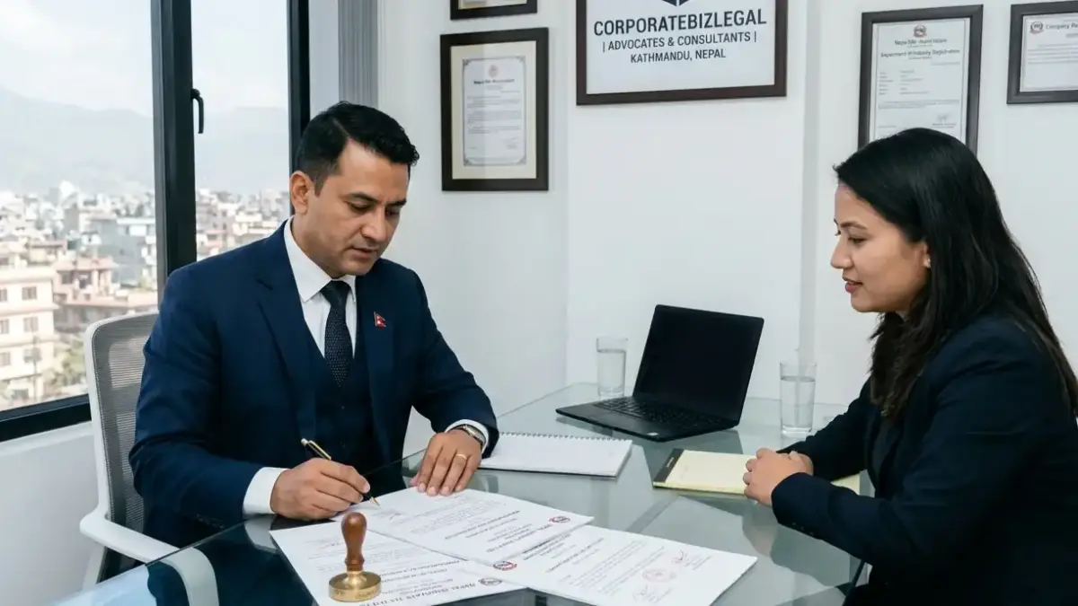 Business attorney reviewing company registration documents in a modern Kathmandu law office