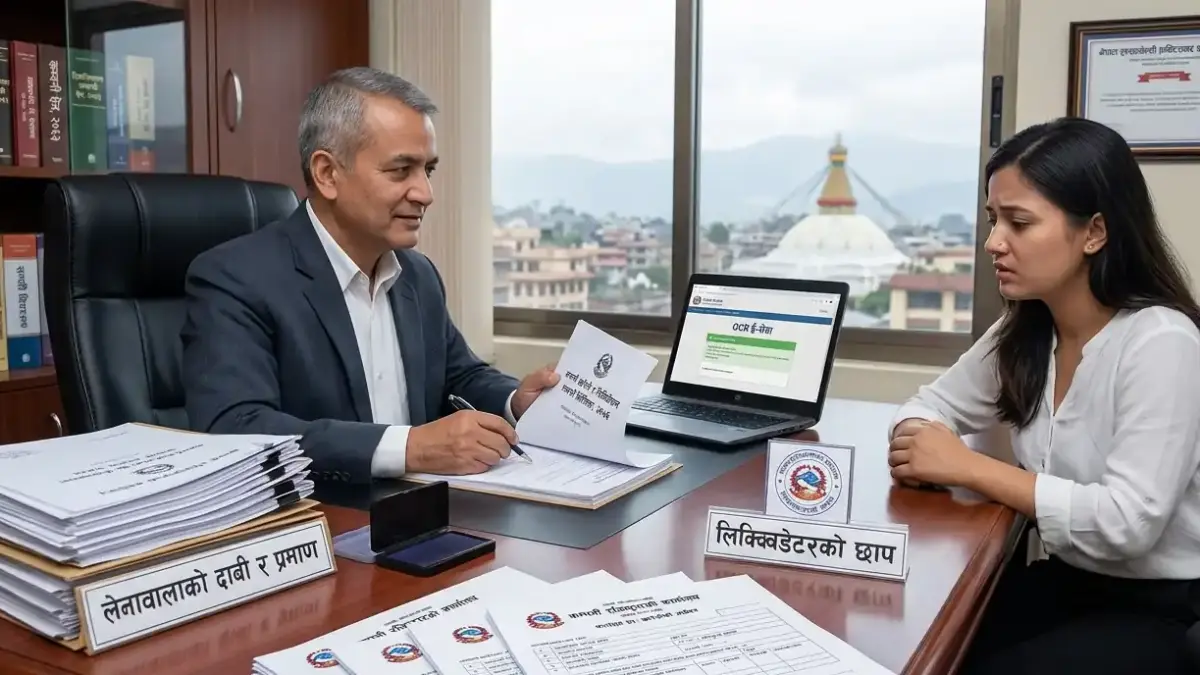 Corporate lawyer reviewing company winding up petition and liquidation documents at a formal law office desk