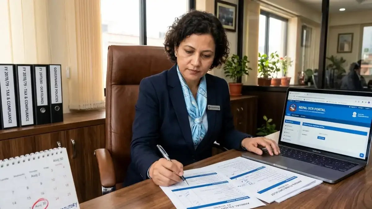 Corporate compliance officer reviewing annual filing checklist beside a Nepal OCR portal on a laptop