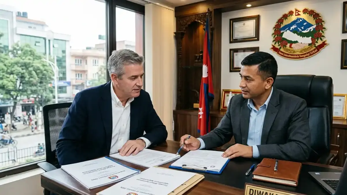 Foreign investor and Nepali legal advisor reviewing FDI approval documents for DOI and IBN in Kathmandu