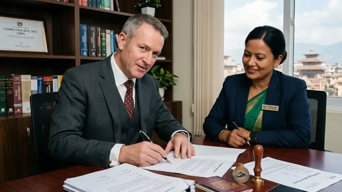 International executive signing foreign company incorporation documents in a Nepal law office with legal advisor present
