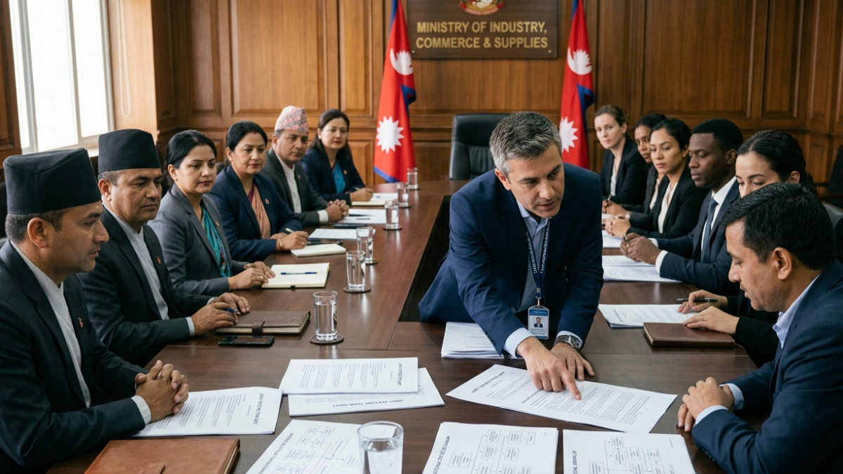 Nepali and foreign business delegations negotiating joint venture terms with a legal advisor present