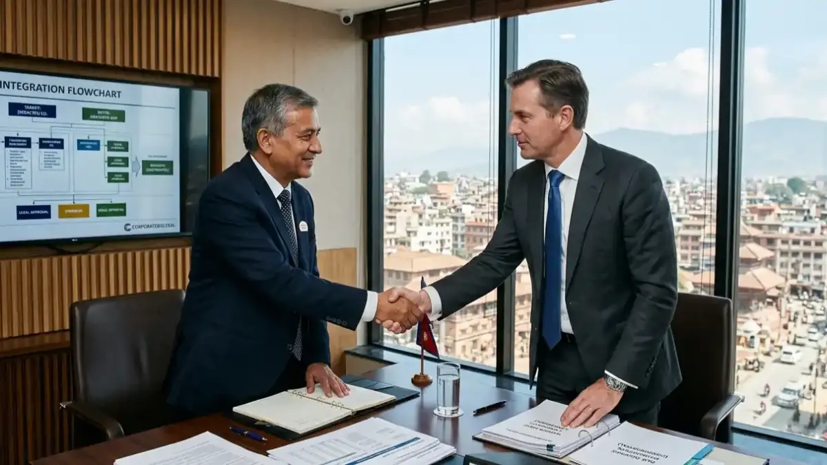 Two executives shaking hands over merger agreement documents in a corporate Kathmandu boardroom