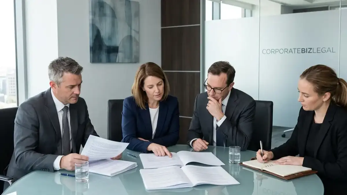 Shareholders and legal advisor reviewing a shareholders agreement in a professional corporate office