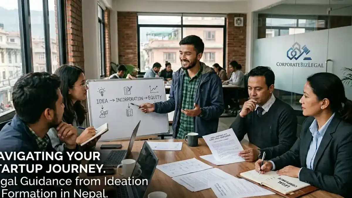 Startup founders reviewing legal advisory documents with counsel in a modern Kathmandu co-working space
