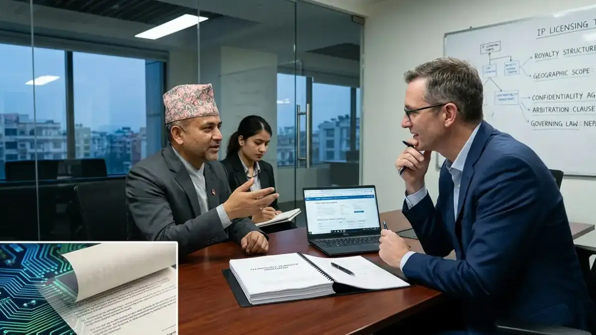 Technology transfer agreement being reviewed by Nepali and foreign company representatives in a formal meeting room