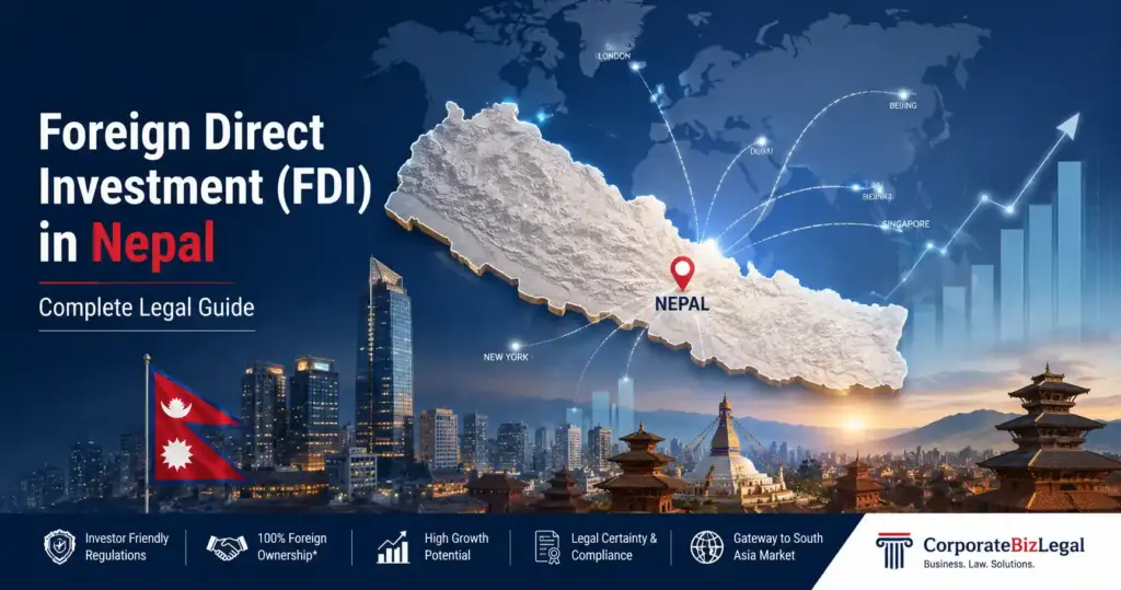 Foreign Direct Investment (FDI) in Nepal illustration showing the Nepal map, global investment connections, Kathmandu skyline, and legal guide for foreign investors.