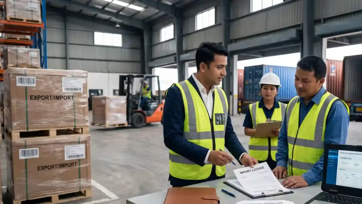 CorporateBizLegal trade compliance lawyer reviewing customs documents with logistics professionals inside an active export-import warehouse in Nepal surrounded by shipping containers and cargo.