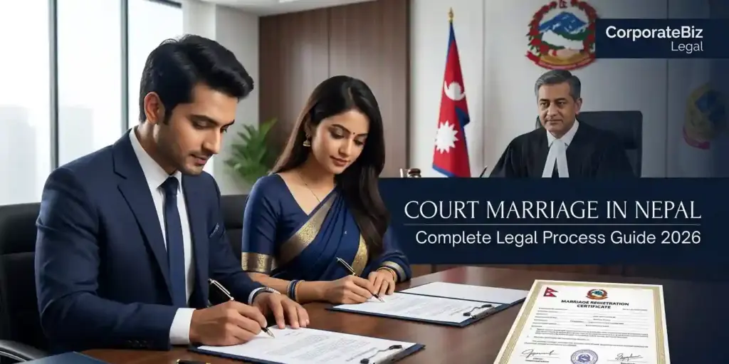 Court marriage process in Nepal showing a couple signing legal marriage registration documents with a legal officer present.