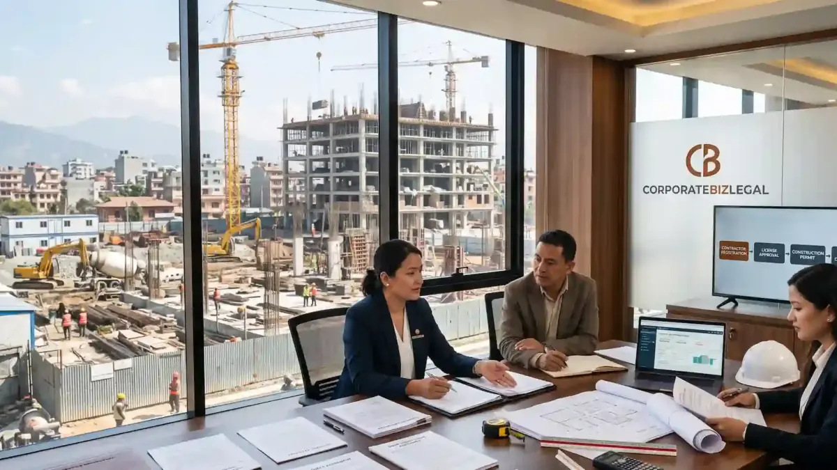 Nepalese corporate lawyer at CorporateBizLegal advising construction company clients on contractor licensing, building permits, and construction law with an active construction site visible in the background.