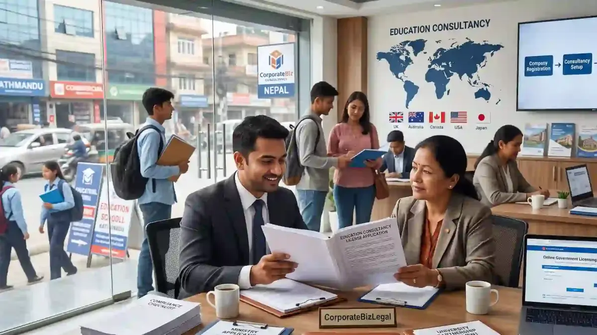 Nepalese corporate lawyer at CorporateBizLegal advising education institution and consultancy owners on licensing, government approvals, and regulatory compliance with a modern school campus and education consultancy office visible in the background.