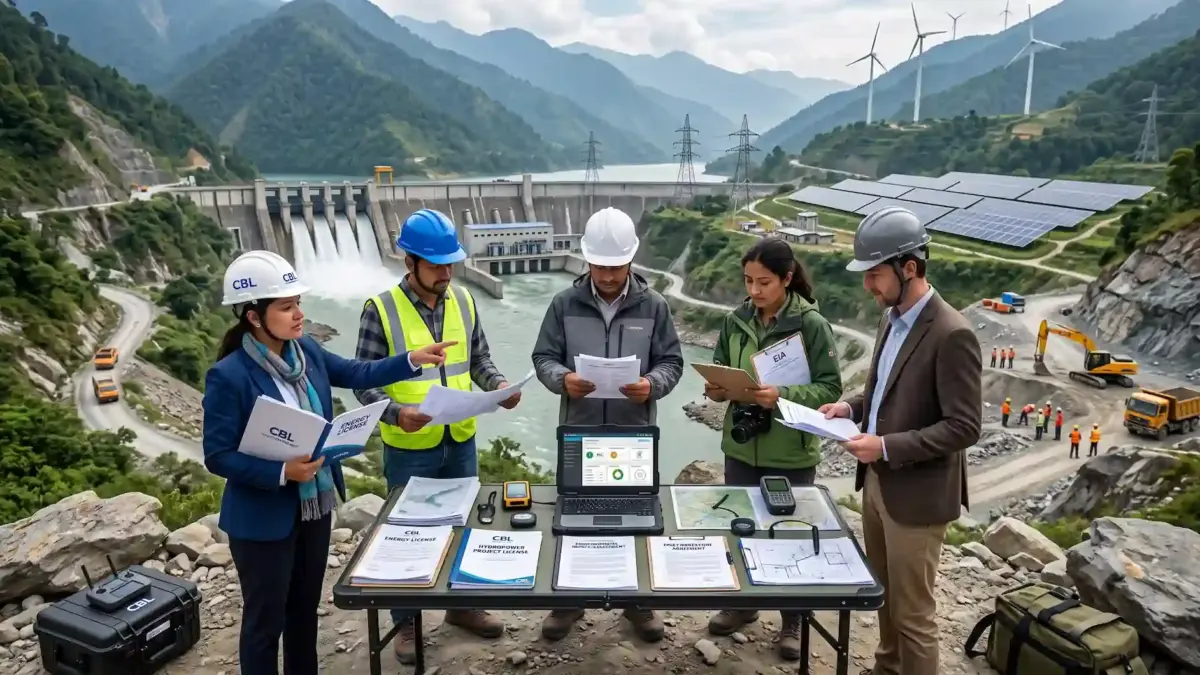 CorporateBizLegal lawyer conducting a legal site inspection with engineers, government officials, and investors at a hydropower and renewable energy project in Nepal.