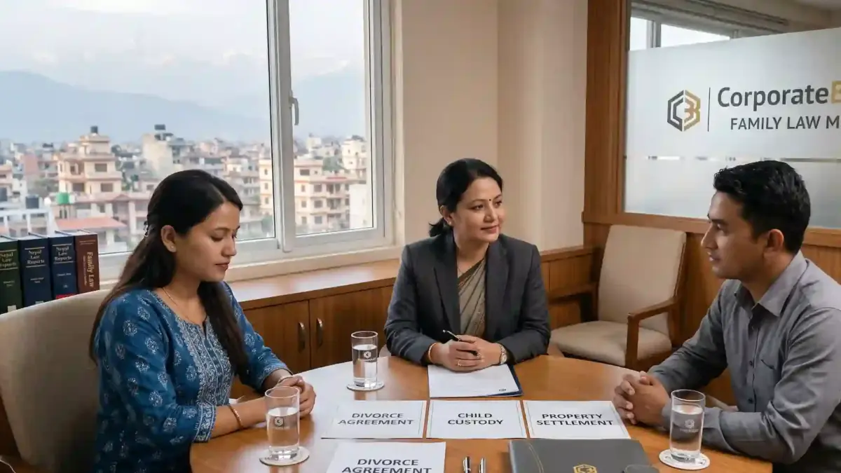 CorporateBizLegal family lawyer assisting a couple with divorce, child custody, and family law matters during a private legal consultation in Kathmandu.