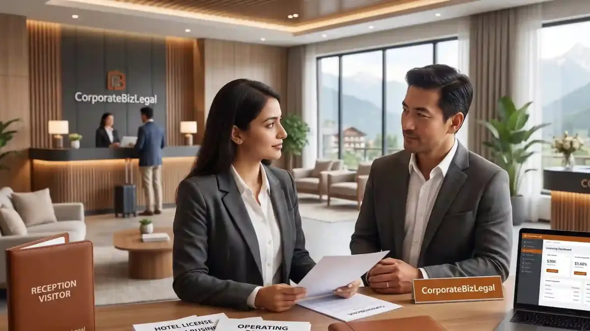 CorporateBizLegal lawyer advising a hotel owner on tourism and hospitality licensing requirements in a modern hotel reception in Nepal.