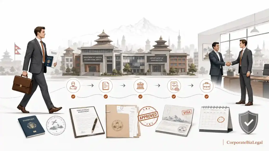 Work Permit Visa in Nepal process illustrated with employer, foreign employee, Department of Labour, Department of Immigration, and CorporateBizLegal.